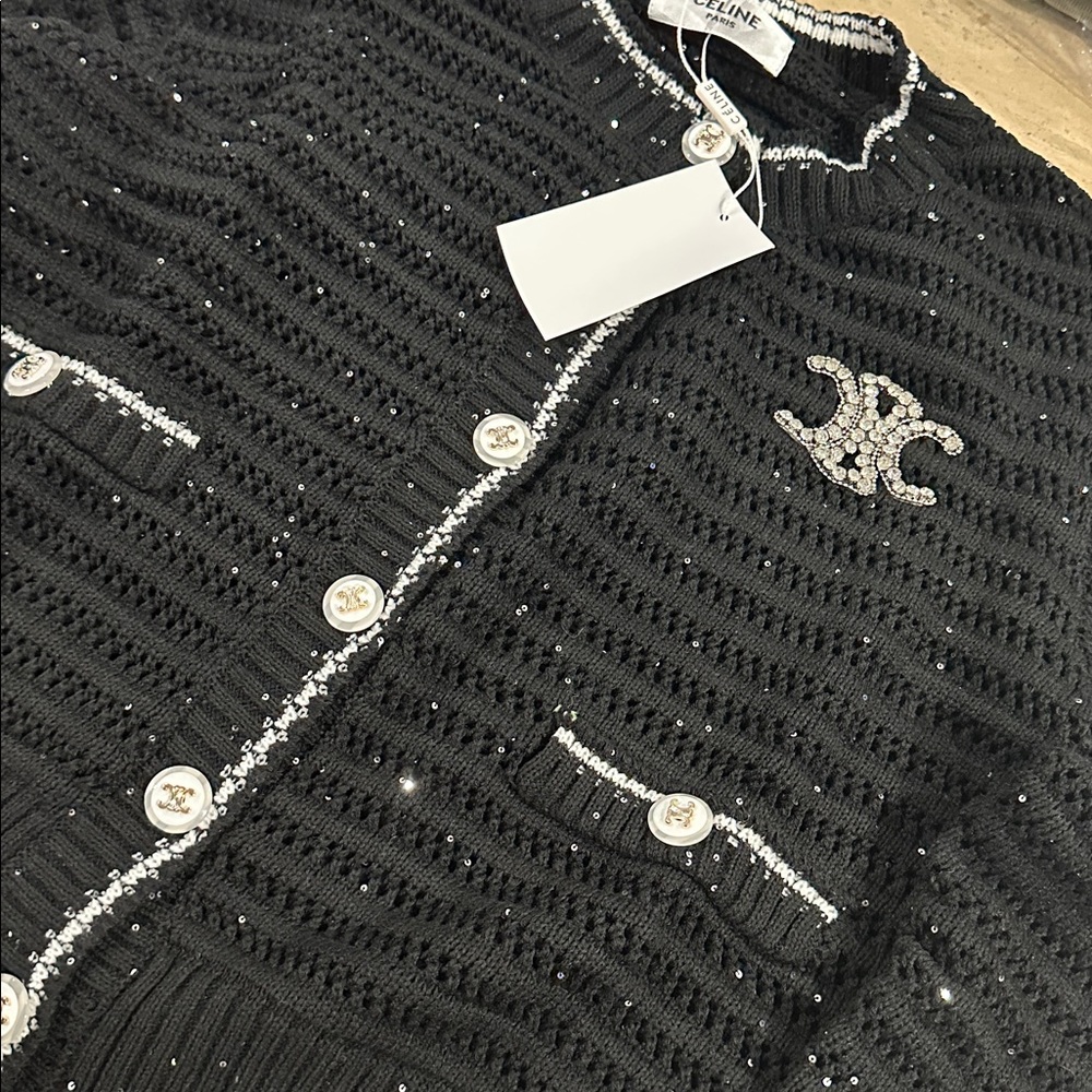 Women's Pearl Button Down Pocket Patched Round Neck Sweater Top Knit Cardigan S - Picture 4 of 5